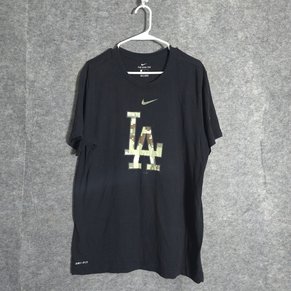 Nike LA Dodgers Shirt Men L Black Camo Logo Dri-FIT MLB Graphic Tee Short Sleeve